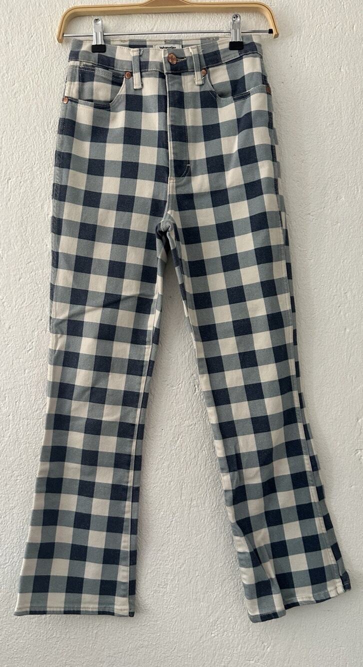 Wrangler Women Checkerboard Jeans Blue Sz 26 Check Plaid High Rise Straight Y2K